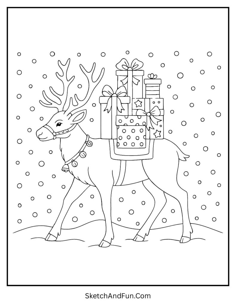 Reindeer carrying gifts through falling snow – reindeer printable coloring pages free