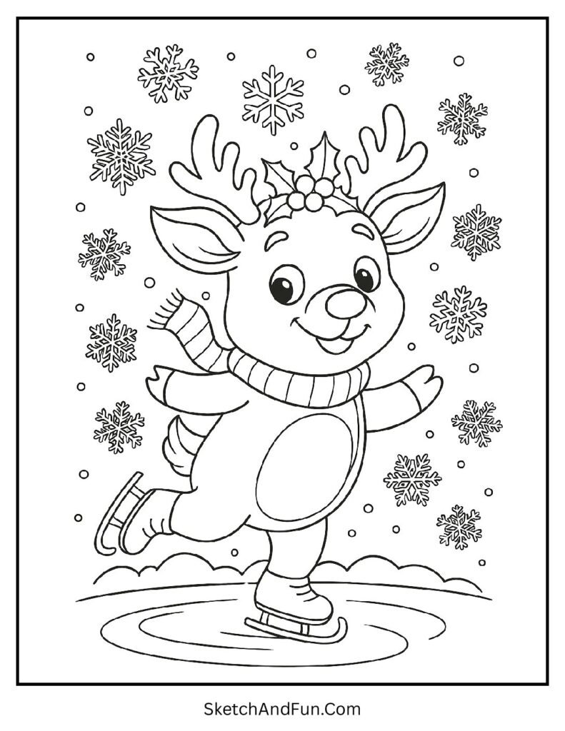 Reindeer ice skating on frozen pond – easy reindeer coloring pages