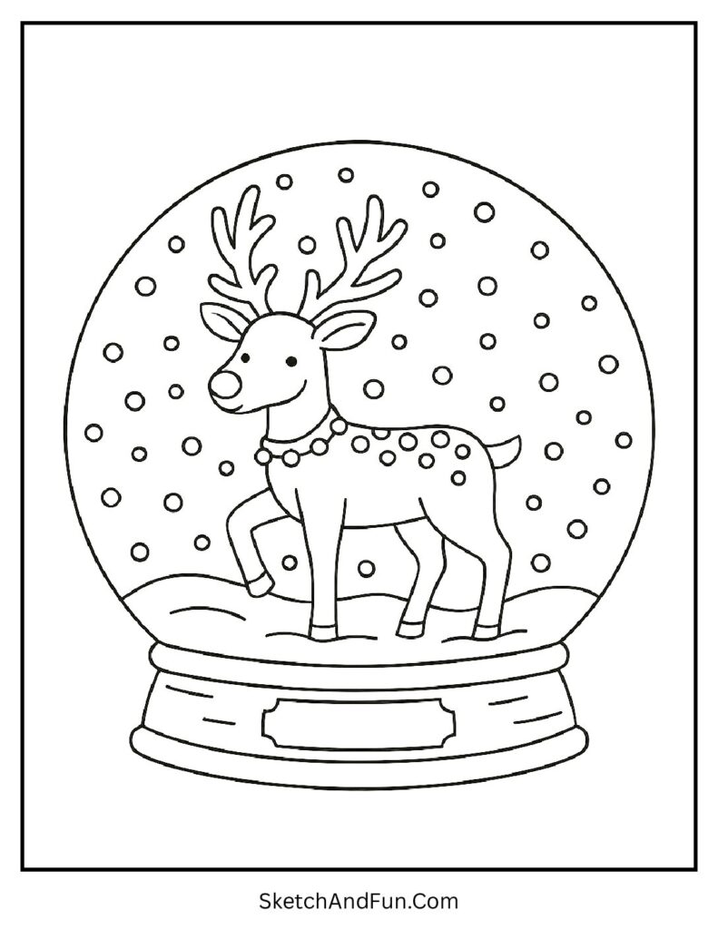 Reindeer inside snow globe with falling snow – reindeer silhouette coloring page