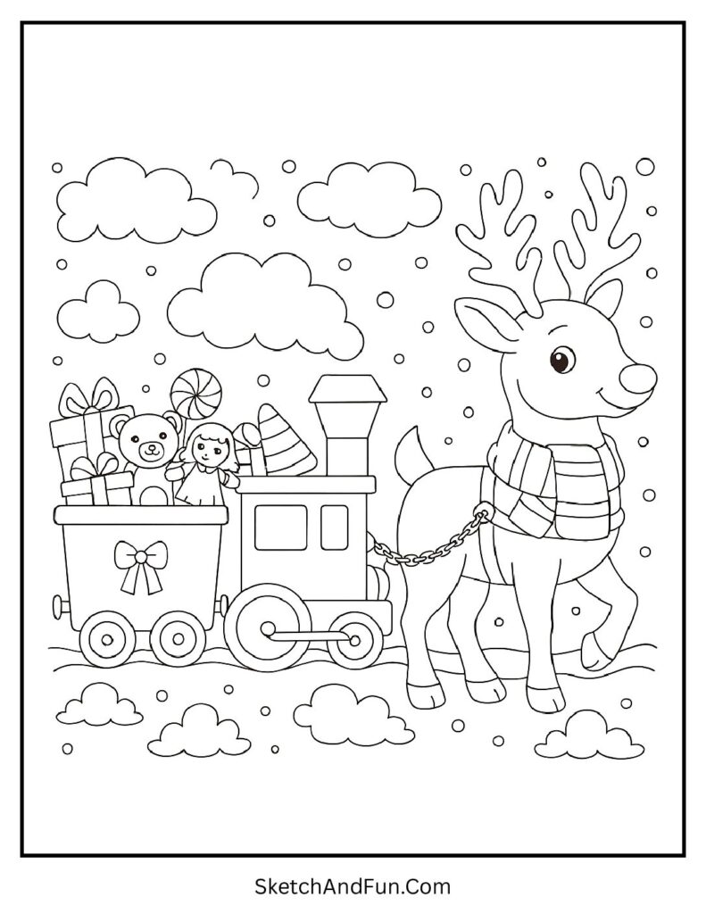 Reindeer pulling toy gift train through snow – reindeer coloring pages holiday theme