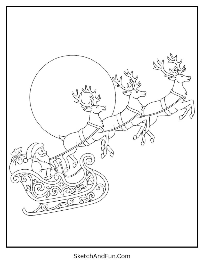 Reindeer pulling Santa’s sleigh under full moon – reindeer pulling sleigh coloring sheet