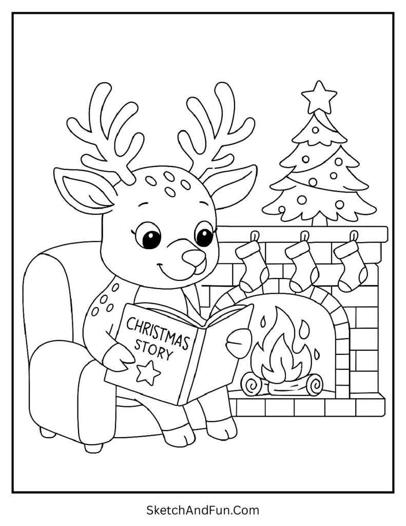 Reindeer reading Christmas story by fire – reindeer coloring pages for preschool