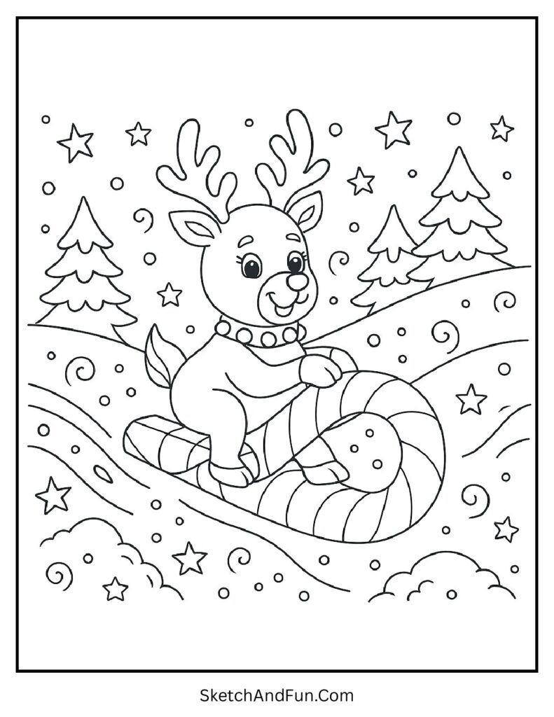 Reindeer sliding on candy sleigh down snowy hill – reindeer coloring pages holiday theme