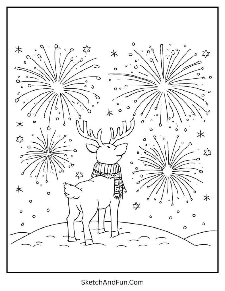 Reindeer watching fireworks from snowy hill – reindeer coloring pages medium difficulty