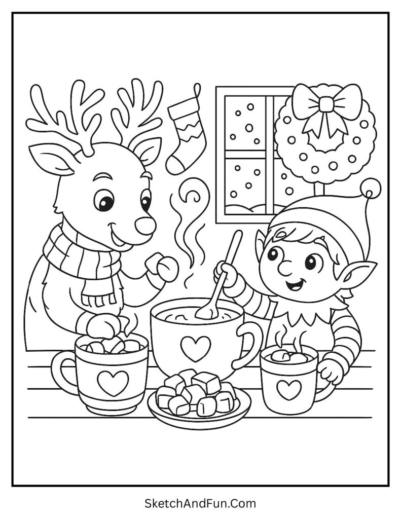 Reindeer and elf making hot cocoa indoors – realistic deer coloring pages