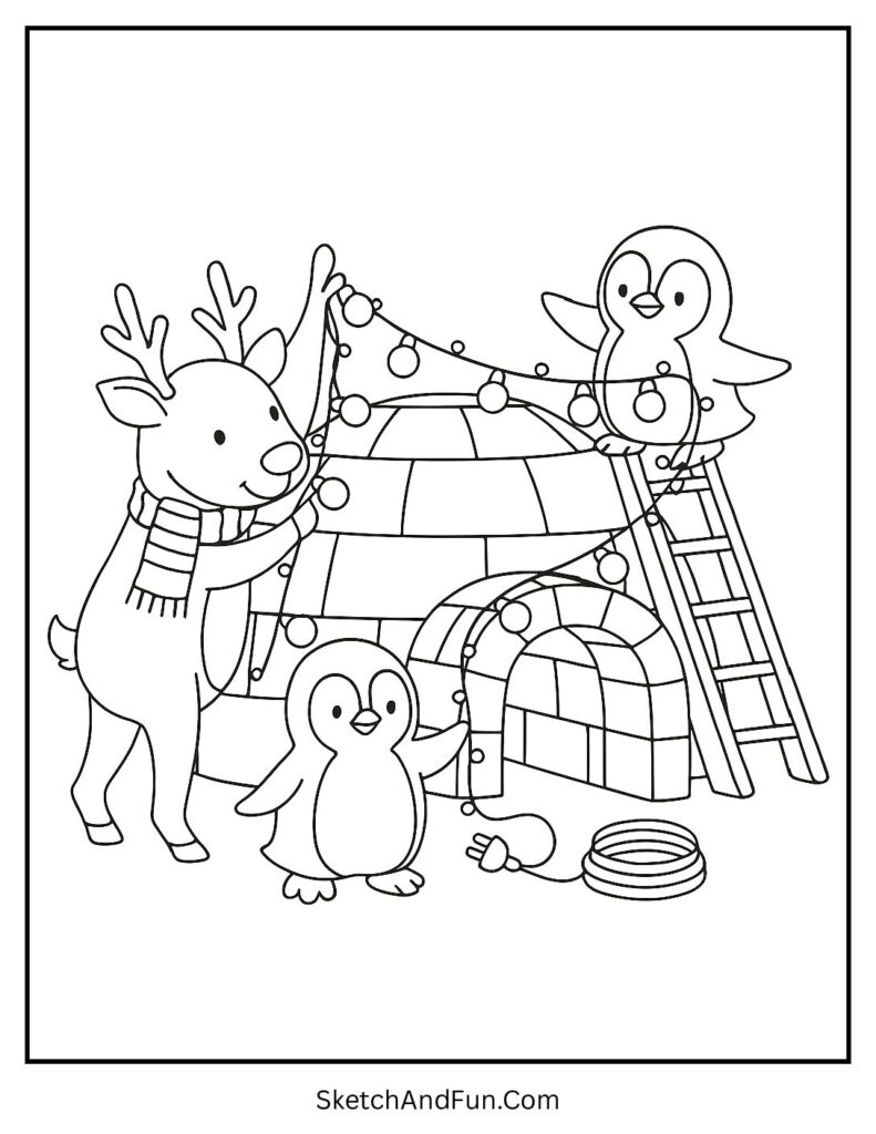 Reindeer and penguins decorating igloo – reindeer coloring pages for toddlers