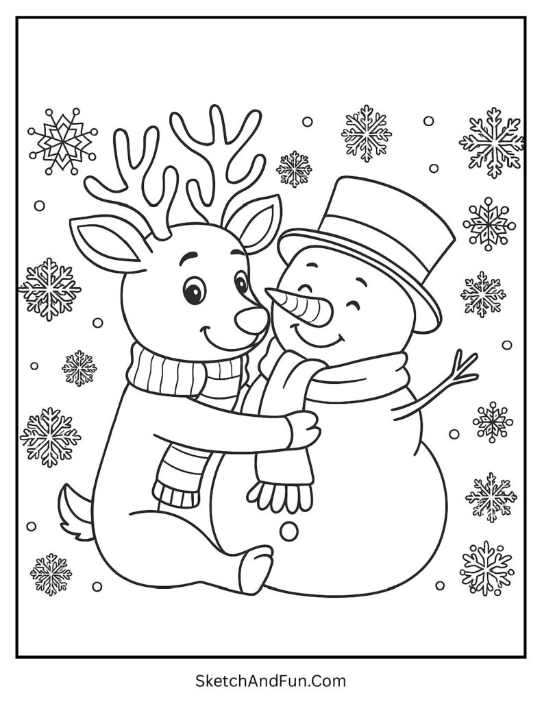 Reindeer hugging snowman in gentle snowfall – reindeer coloring pages black and white