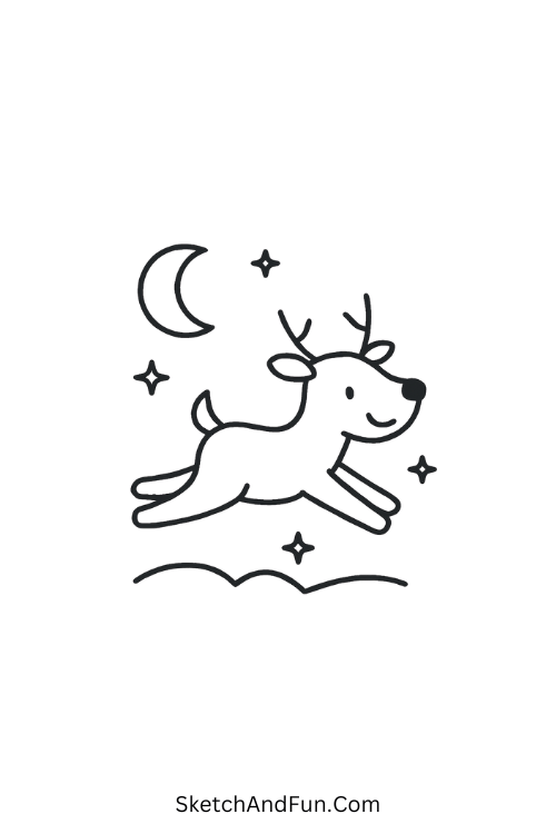 Reindeer flying drawing – Magical reindeer flying across the moon, ideal for fantasy Christmas sketches.