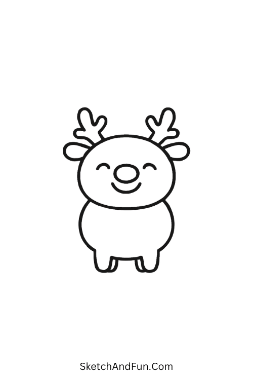Reindeer drawing showing a full-body reindeer with short legs and bright eyes.