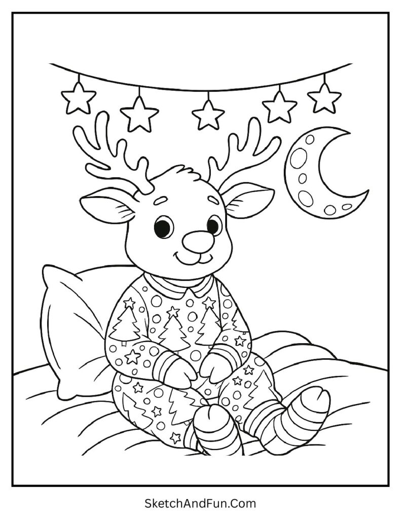 Reindeer in Christmas pajamas under fairy lights – reindeer mask coloring template