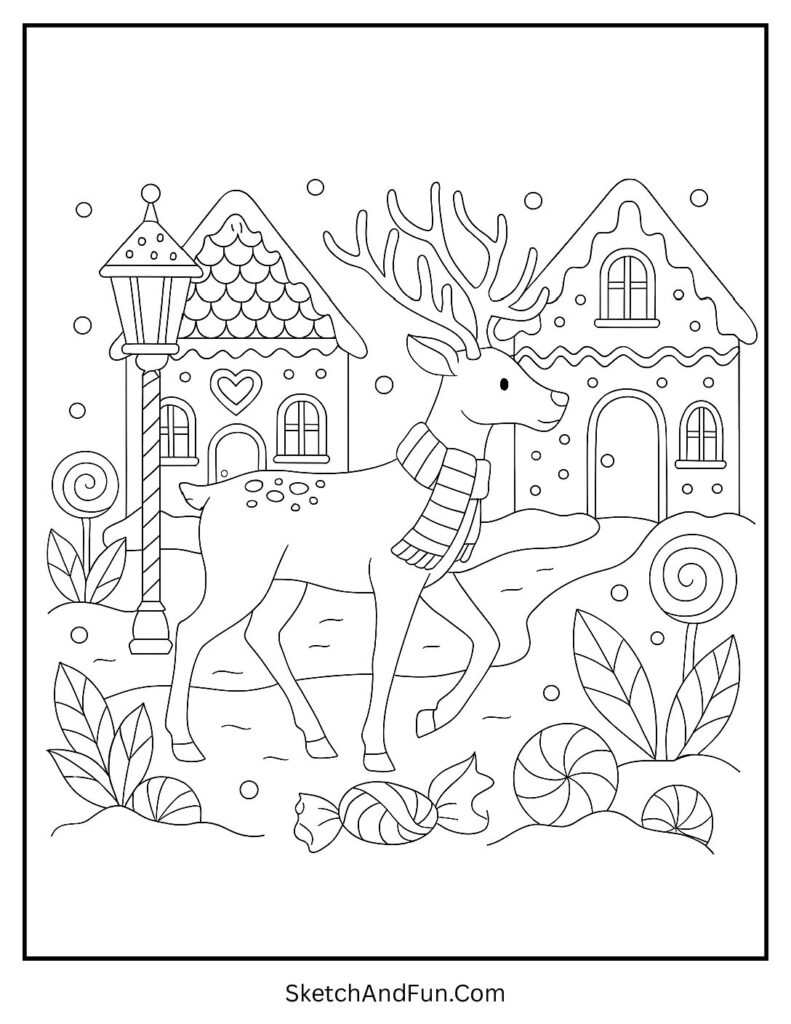 Reindeer walking through gingerbread town – reindeer coloring sheet printable