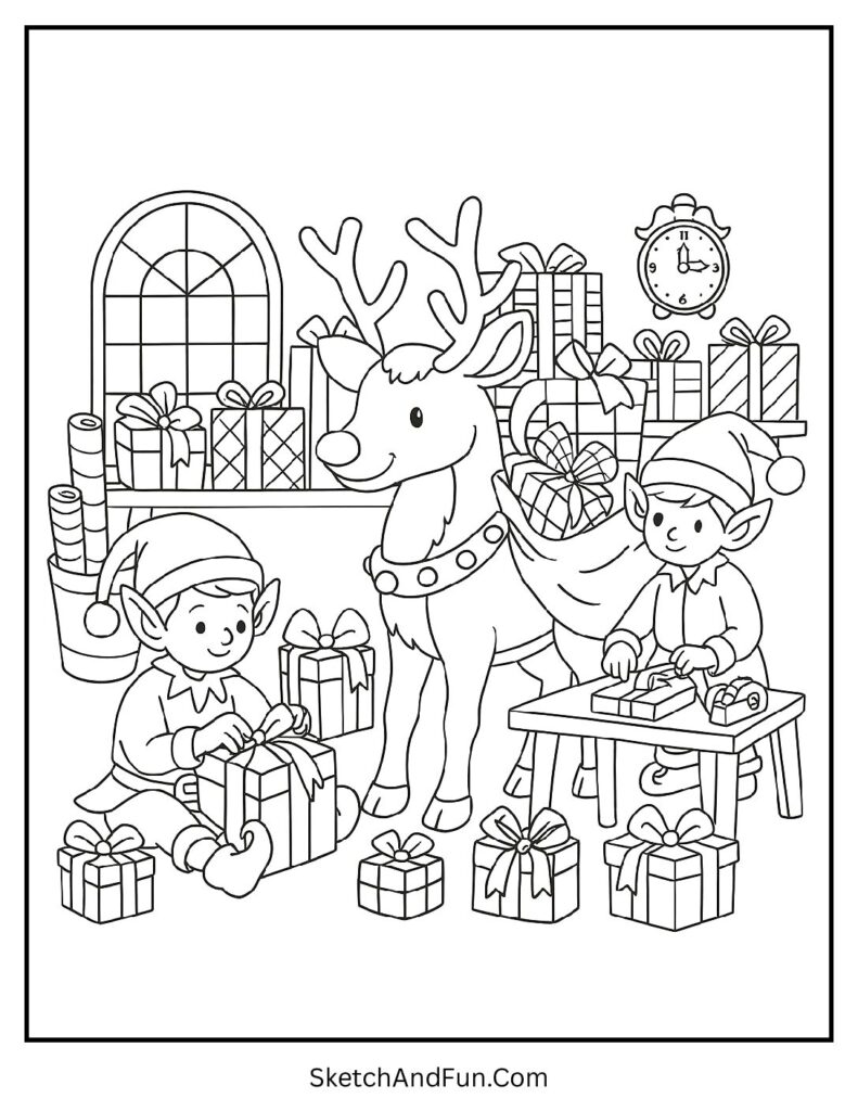 Reindeer helping elves in Santa’s workshop – reindeer coloring pages one page