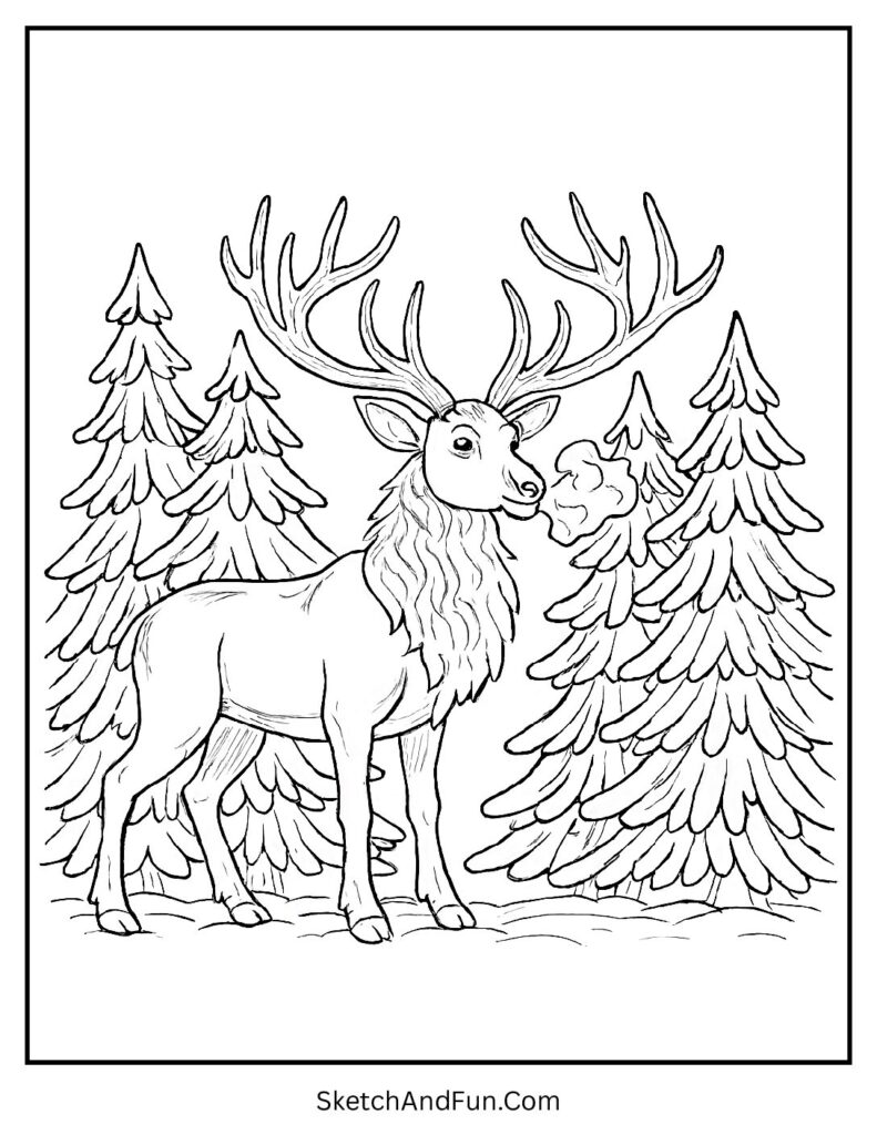 Reindeer in snowy forest for winter animals coloring pages.