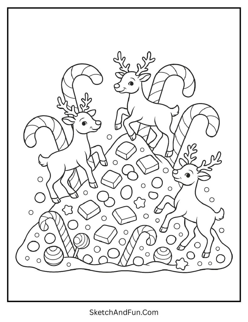 Reindeer climbing candy mountain in snow – reindeer coloring pages full body