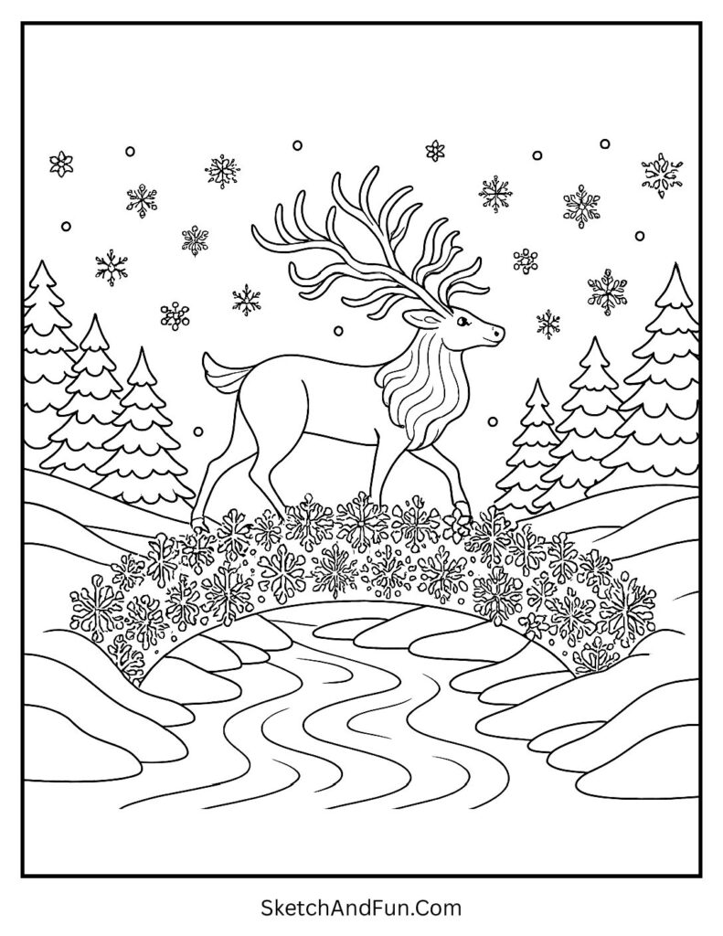 Reindeer crossing snowy bridge under stars – reindeer coloring pages outline