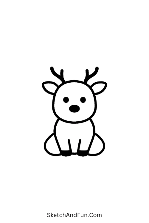Calm reindeer in snow, cute and peaceful for simple Christmas art sketches.
