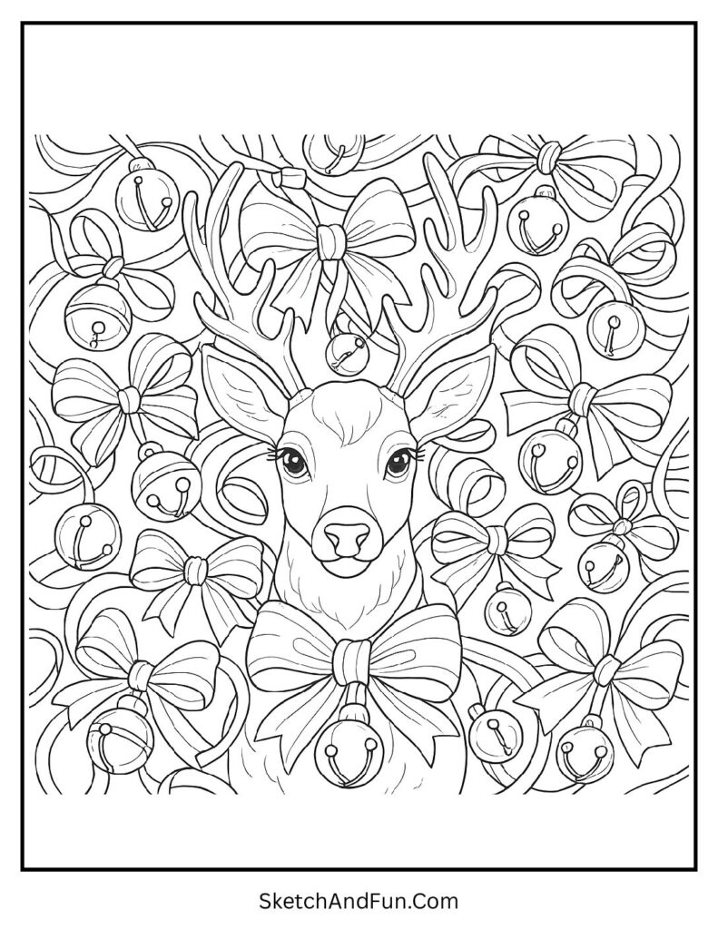 Reindeer covered in shiny bows and bells – reindeer coloring sheet free