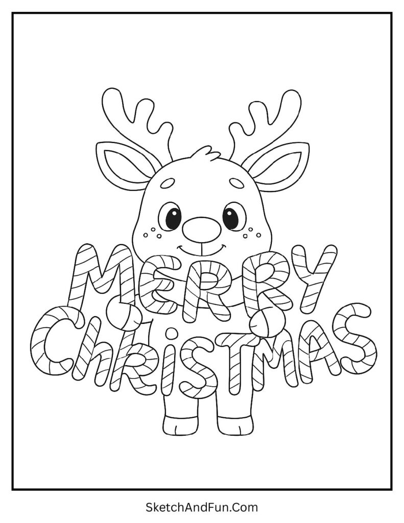 Reindeer holding candy canes shaped as Merry Christmas – reindeer coloring sheet printable