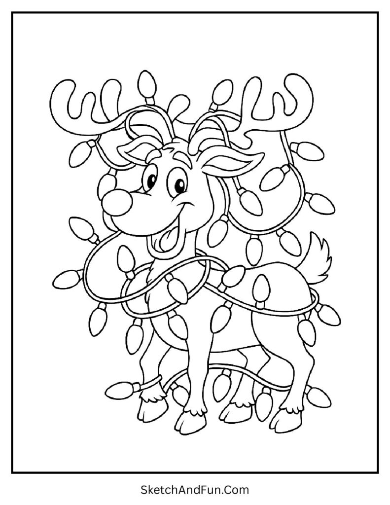 Reindeer tangled in glowing Christmas lights – reindeer coloring pages cartoons