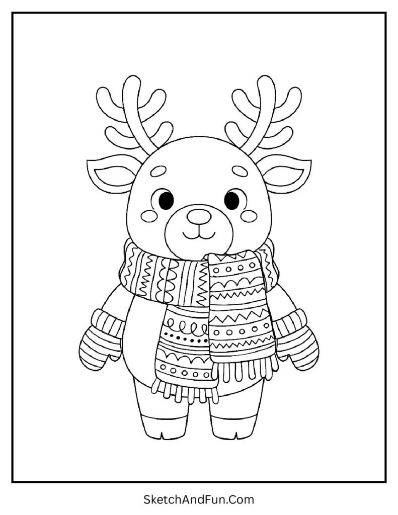 Reindeer in scarf and mittens smiling bright – reindeer coloring pages black and white