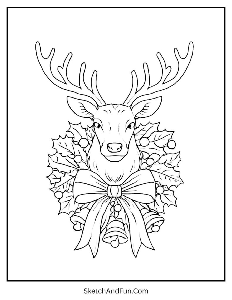 Reindeer wearing wreath collar with bells – reindeer coloring pages Christmas printable