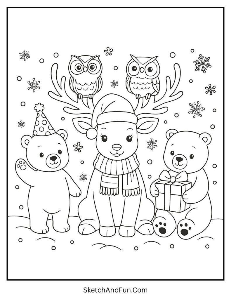 Reindeer playing with polar bears and owls – reindeer pattern coloring page
