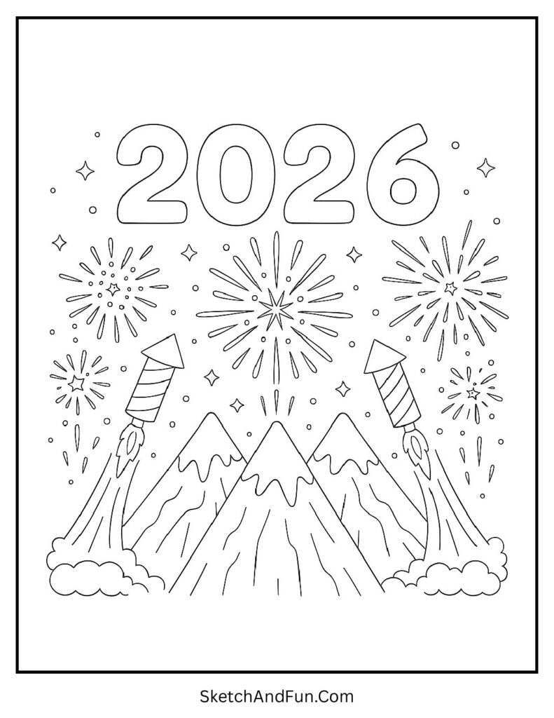 Fireworks over mountains – new year coloring pages full page design printable