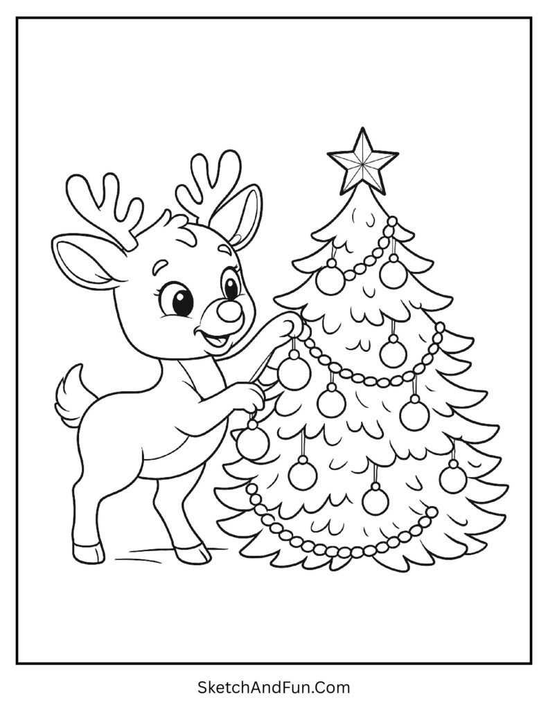 Rudolph decorating Christmas tree with ornaments in fun rudolph and friends coloring pages.
