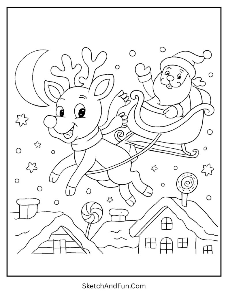 Rudolph Flying Over Houses Coloring Page pdf