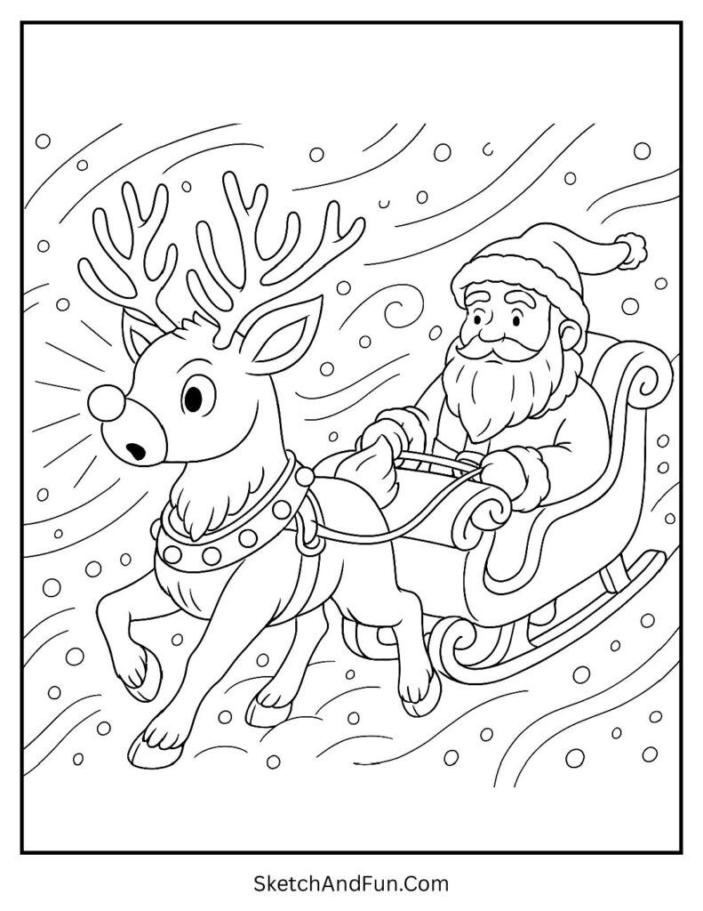 Rudolph guiding Santa through winter storm – reindeer and santa coloring page