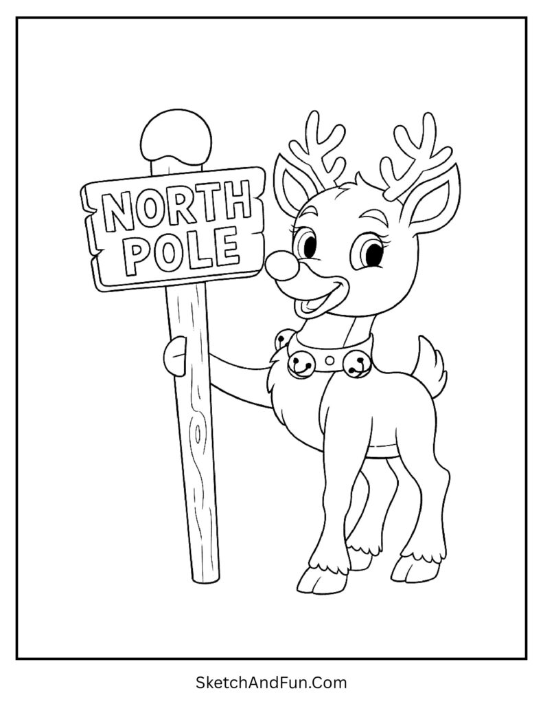 Cute Rudolph holding North Pole sign from classic rudolph the red-nosed reindeer coloring pages.