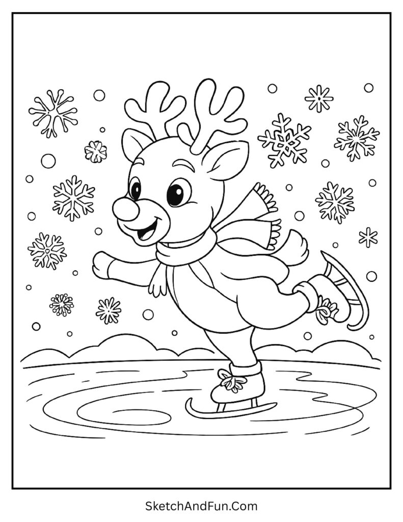 Rudolph ice skating on frozen lake with snowflakes in rudolph coloring pages medium difficulty.