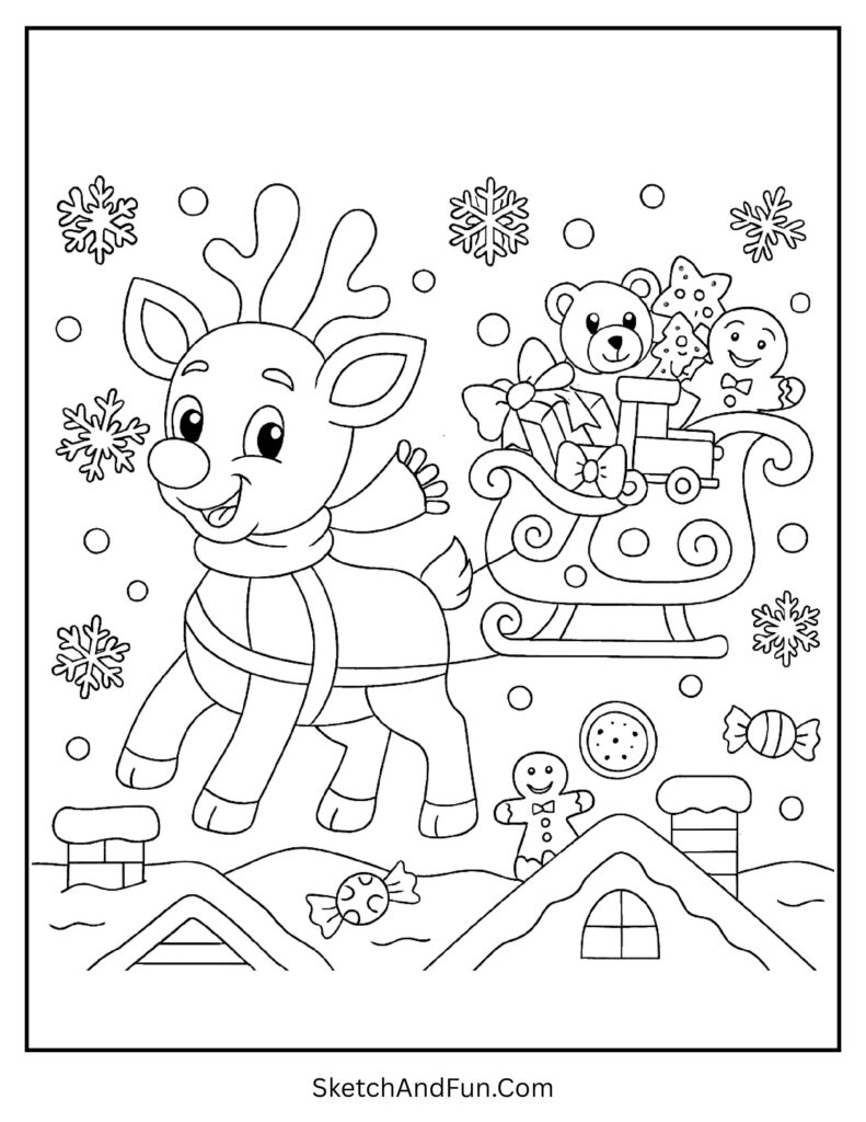 Rudolph pulling sleigh full of toys shown in festive rudolph coloring pages winter scene.
