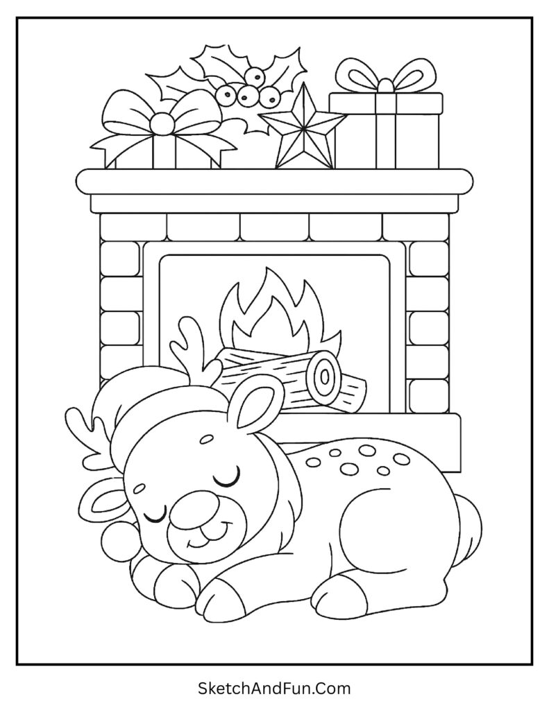 Rudolph sleeping by warm fireplace included in detailed rudolph coloring pages high resolution.