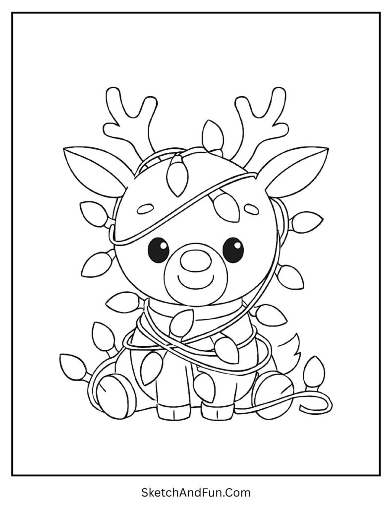 Rudolph tangled in glowing Christmas lights found in bold rudolph coloring pages line art.