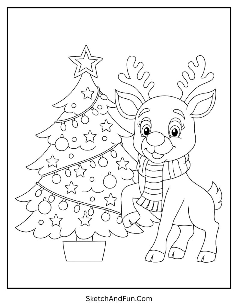 Rudolph beside decorated Christmas tree included in fun rudolph coloring pages simple.