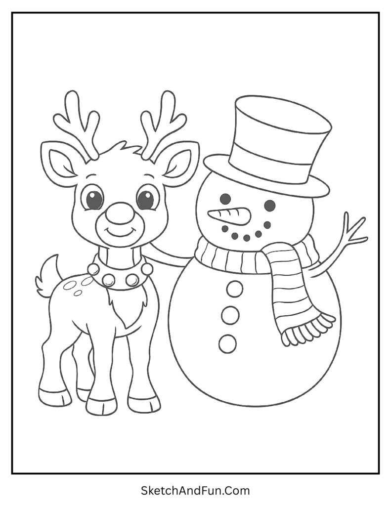 Rudolph standing beside happy snowman from heartwarming rudolph coloring pages cute.
