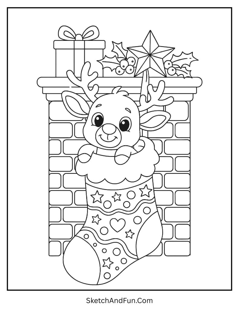Rudolph peeking out of fireplace stocking from festive rudolph coloring pages holiday.