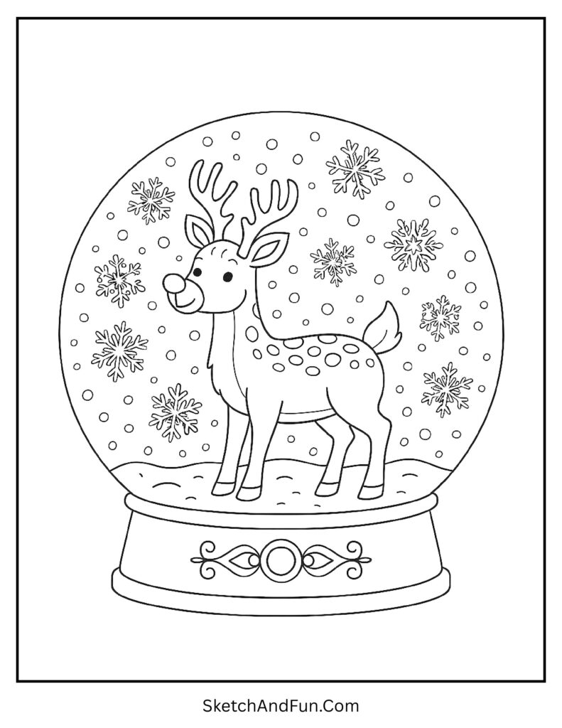 Rudolph inside magical snow globe with snowflakes from rudolph coloring pages disney.