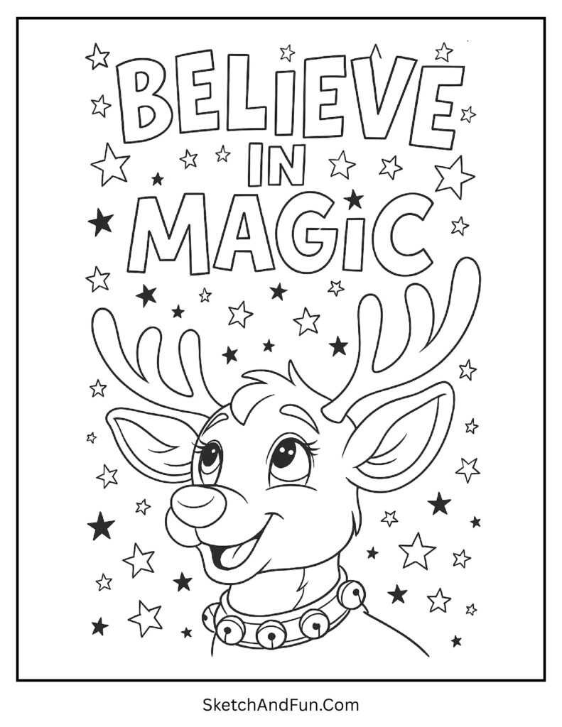 Rudolph looking at sky with Believe in Magic words found in rudolph coloring pages printable.