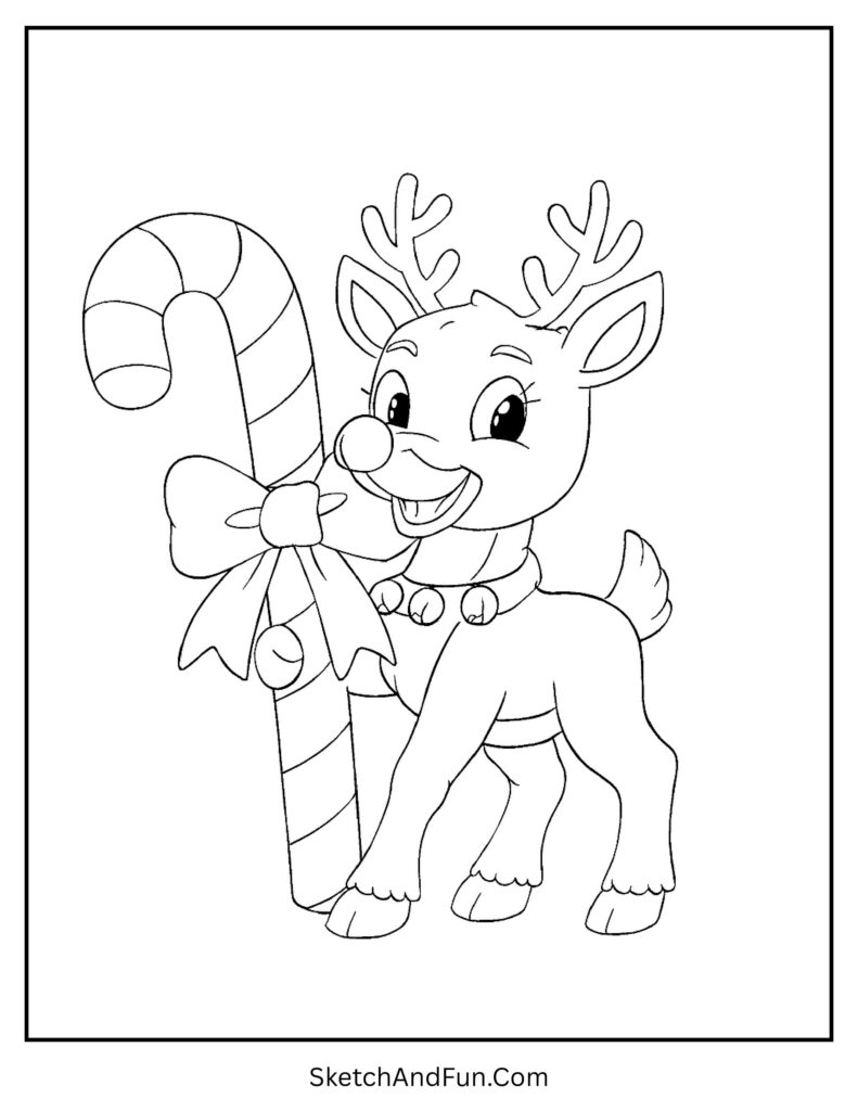 Rudolph holding giant candy cane with bow featured in festive rudolph coloring pages christmas.