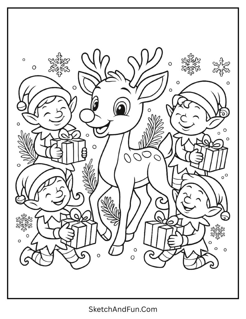 Rudolph playing with elves holding gifts included in playful rudolph coloring pages cartoon.