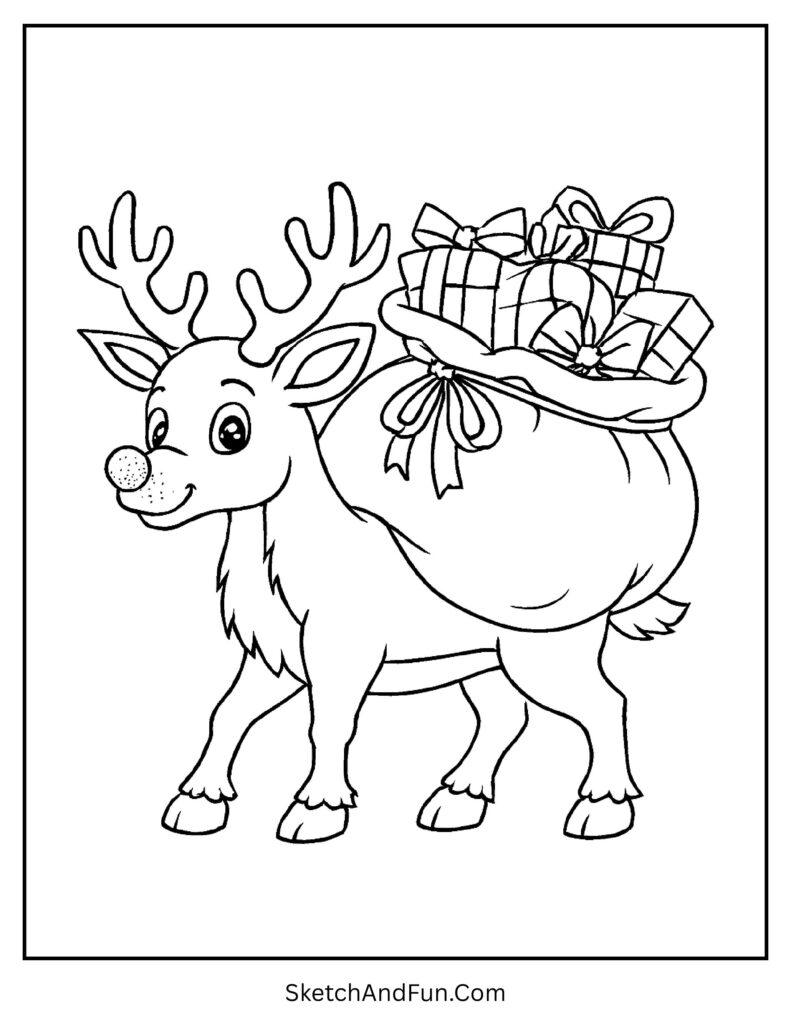 Rudolph carrying a big gift sack designed for clear rudolph coloring pages black and white.