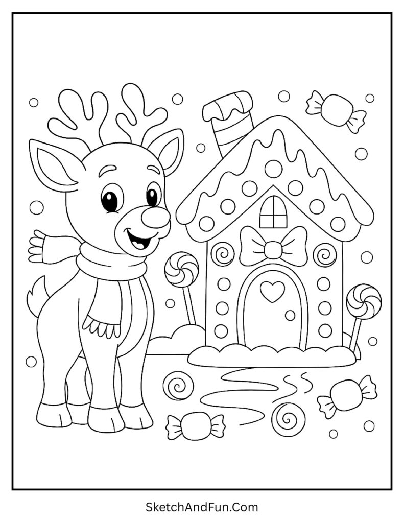 Rudolph with Gingerbread House Coloring Page pdf