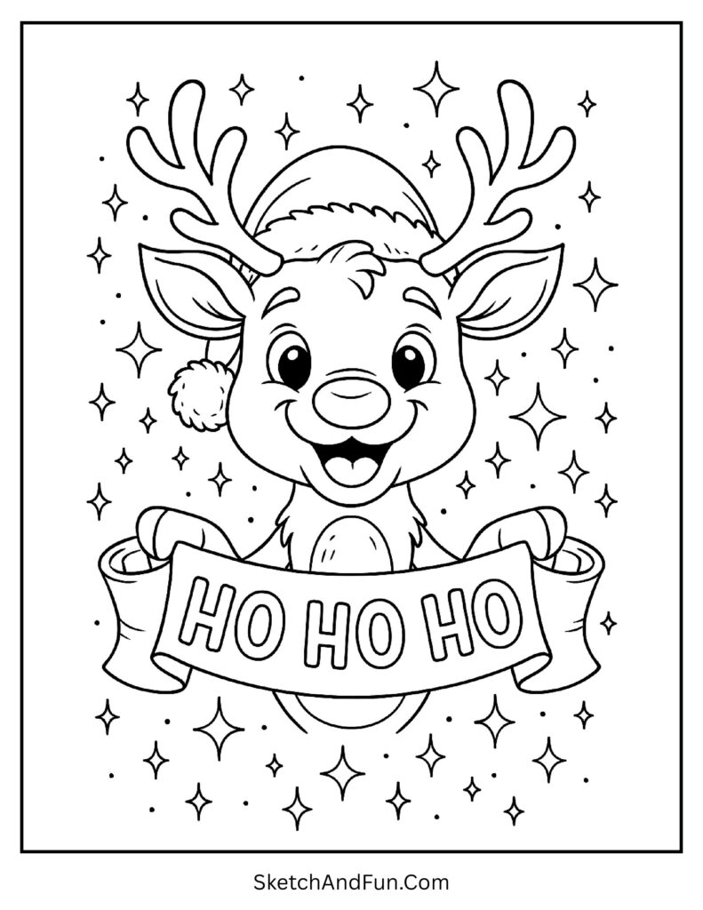 Cheerful Rudolph with Ho Ho Ho banner and stars included in rudolph coloring pages pdf.
