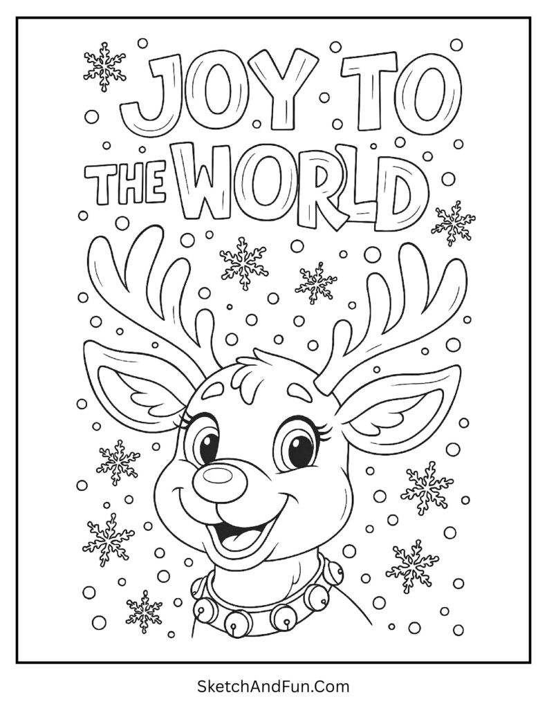 Smiling Rudolph with Joy to the World text featured in festive rudolph coloring sheet free.