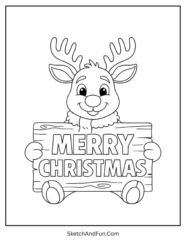 Rudolph holding a Merry Christmas sign for kids in festive rudolph coloring pages free collection.