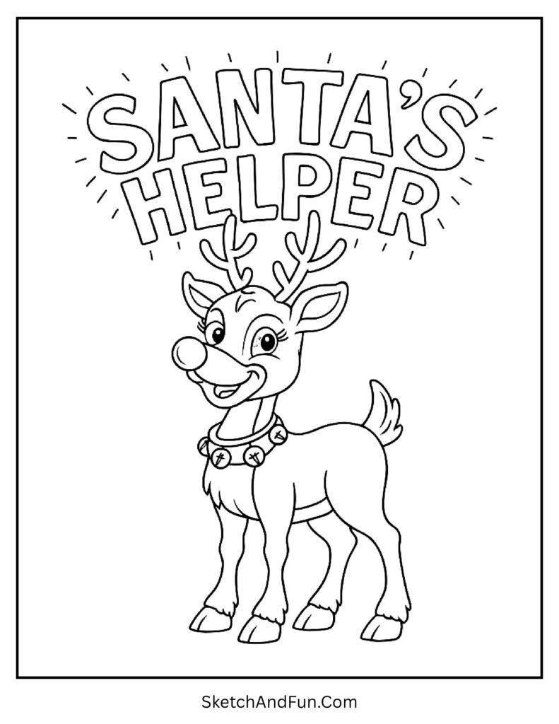 Rudolph with glowing Santa’s Helper text, perfect for kids in rudolph coloring pages easy.