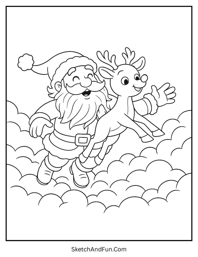 Santa teaching Rudolph to fly above clouds – reindeer coloring pages for preschool