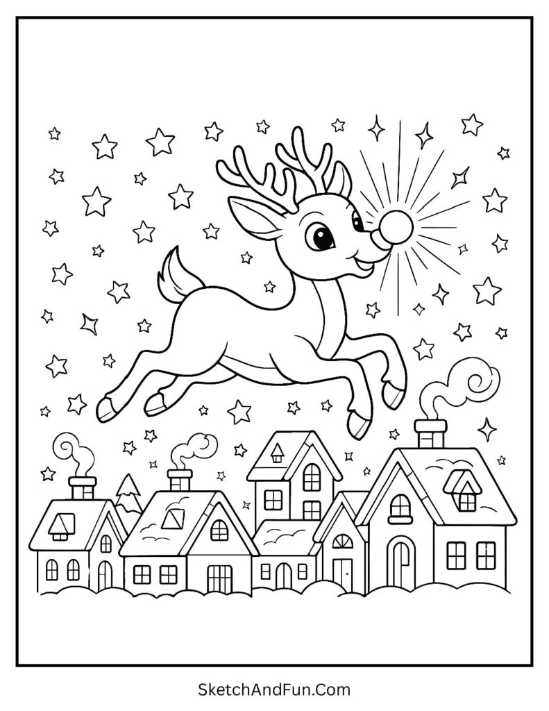 Rudolph flying over rooftops with glowing red nose – rudolph coloring pages
